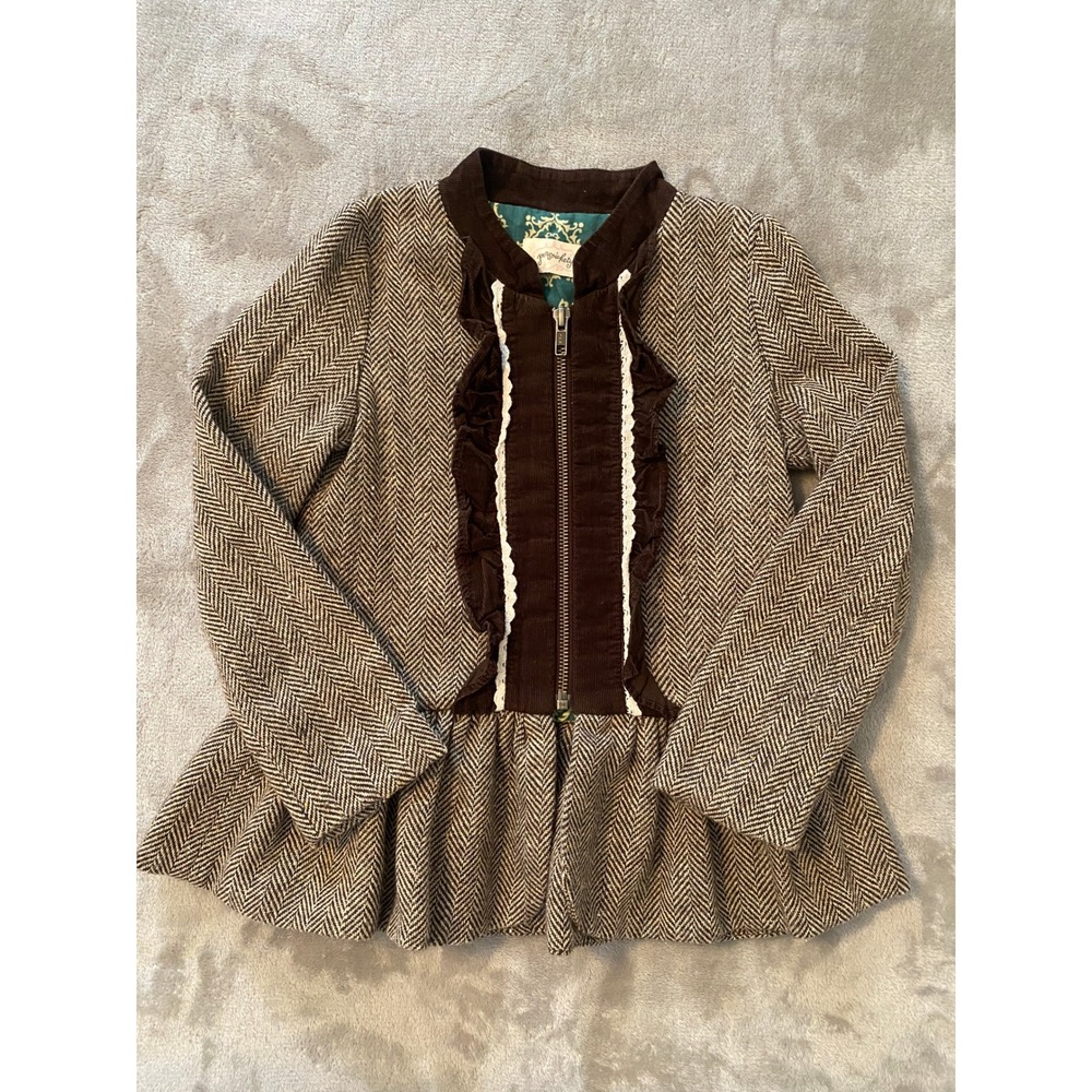 Persnickety Jacket Girls 6 Brown Herringbone Ruffle Peplum Wool Blend Boutique
